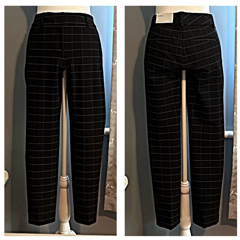 NWT ANN TAYLOR PETITE Seasonless Stretch ANKLE PANTS 0P BLACK WINDOWPANE PLAID - Picture 4 of 11